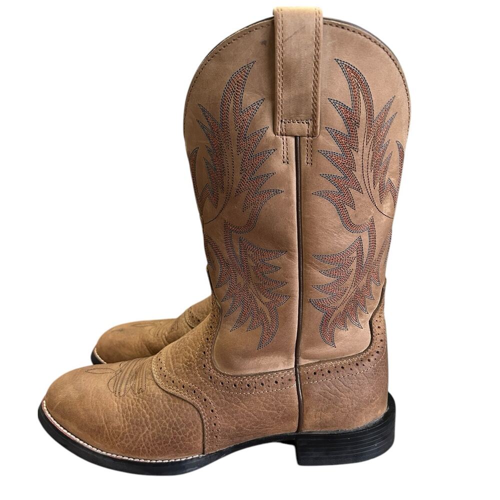 Ariat Tan Leather Western Cowboy Boots with Subtle Red Stitching